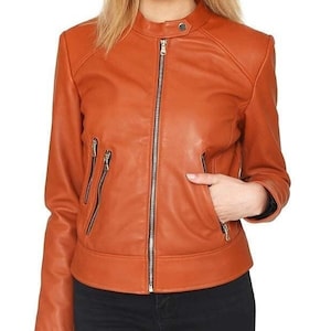 Womens Lambskin Orange LEATHER JACKET | Slim Fit Biker Leather Jacket | Handmade Celebrity Sheep Leather Jacket Gift For Her Orange