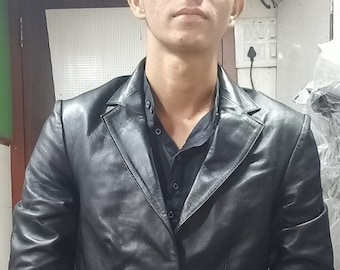 Mens BLACK Leather Trench Coat | Single Breasted Leather OVERCOAT For Mens | Handmade SHEEPSKIN Midi Leather Trench | Celebrity Coat Black