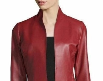 Womens Genuine Lambskin Blood Red Leather BLAZER | Slim Fit FORMAL Leather Blazer | Back Pleated Leather Jacket | Outfit Celebrity Blazer
