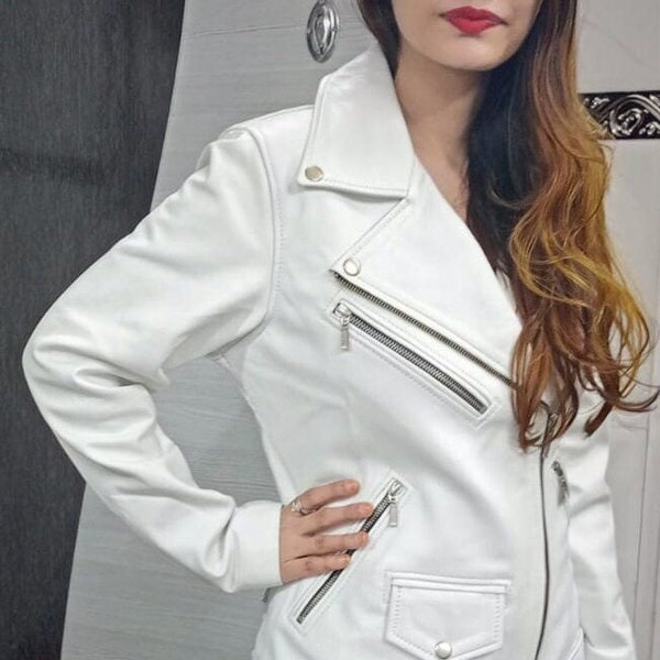 Noorani Womens WHITE Leather Jacket | Casual and Party Wear Jacket | WESTERN Bride Jacket| BRIDAL Gift| Slim Fit Motorcycle Biker Jacket |