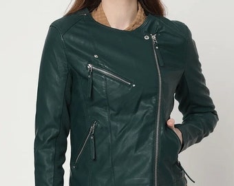 Women’s Round Collar Leather Jacket, ROUND Neck Leather Jacket, COLLARLESS Leather Jacket, Hunter GREEN Biker Leather Jacket, Green Leather