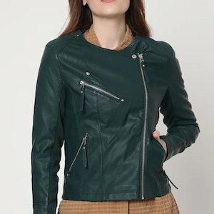 Blouson en cuir à col rond pour femme, Blouson en cuir à col rond, Blouson en cuir SANS COL, Blouson motard en cuir VERT chasseur, Cuir vert