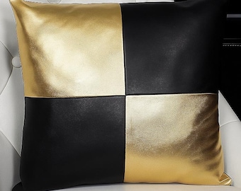 Lambskin Leather Cushion Cover | Throw Lumber Cover For Couch, SQUARE TEXTURED Checkered Leather PILLOW Covers, Home Décor - Black & Gold