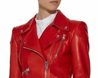 Noorani Womens RED PEPLUM Style Leather Jacket | Biker Flare Leather Trendy Peplum Designer Jacket | ASYMMETRIC Slim Fit Frock Gift For Her