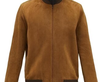 Men's Real LAMBSKIN BROWN Suede Leather Jacket | Mens Suede Biker BOMBER Jacket | Western Style Cowboy Trucker Suede Jacket | Gift for Him