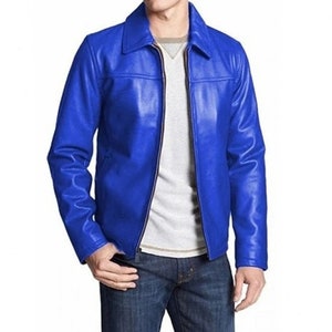 Mens Lambskin BLUE Leather Jacket, Stylish Handmade Trucker Leather Jacket for Men, MOTORCYCLE Leather Jacket, Christmas Gift for Him Blue