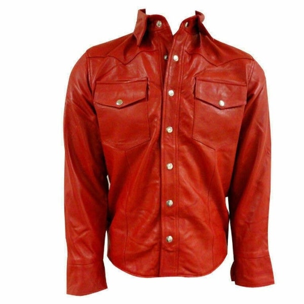 Chemise Noorani en cuir d'agneau rouge pour homme | Chemise en cuir rouge Police | Chemise formelle | Slim gay élégant | Chemise en cuir rouge avec poches