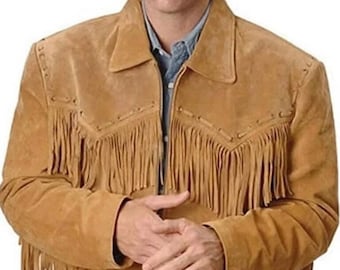 Mens Suede Leather FRINGE Jacket | Slim Fit COWBOY Tan BROWN Suede Jacket | Celebrity Suede Jacket Christmas Gift For Him