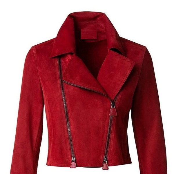 Women RED Cropped Suede Jacket |Handmade Western Cropped Leather Jacket On Movie Date |Bolero SHRUG Biker jacket | Best Gift For Christmas