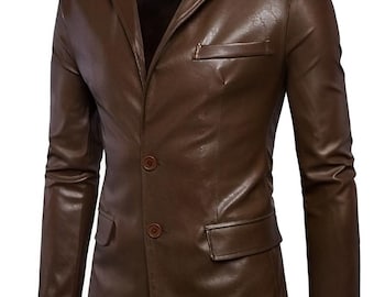 Noorani Men's DARK BROWN Leather Blazer | Handmade Lambskin Leather Blazer for Office Wear |Hacking Leather Blazer With Notch Lapel Collar |
