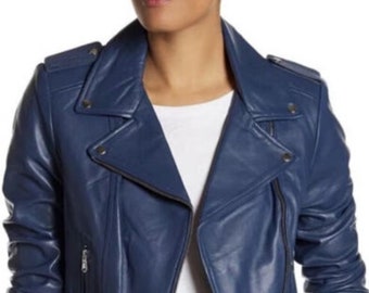 Womens BLUE Leather Jacket | Genuine Lambskin Leather BIKER Jacket With Zipper Closure | Celebrity Party Winter Jacket | Gift For Her BLUE