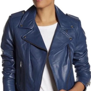Womens BLUE Leather Jacket | Genuine Lambskin Leather BIKER Jacket With Zipper Closure | Celebrity Party Winter Jacket | Gift For Her BLUE