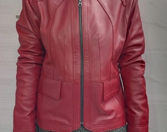 Womens Red Fashion Genuine Leather Biker Motorcycle Jacket  , Beautiful Long Sleeves ,  Women's Best Gift Slim Fit Handmade Leather Jacket
