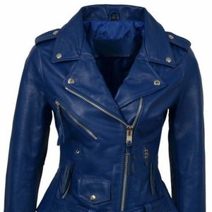 Noorani Lambskin Womens BLUE LEATHER JACKET | Slim Fit Leather Jacket With Belted | Sheep Leather Jacket | Celebrity Jacket, Winter Gift Her