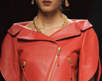 Noorani Womens Leather CROPPED Jacket | RED Bolero Biker Jacket| Off SHOULDER Jacket Designer Cross Zipper & Short Sleeves Beautiful Look