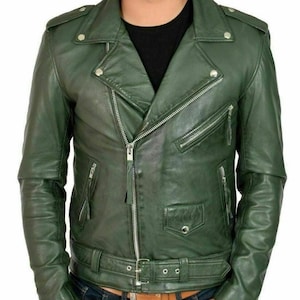 Lambskin Mens Leather Jacket, Stylish Biker Slim Fit Olive GREEN Leather Jacket for Men, MOTORCYCLE Leather Jacket with BELTED, Gift for Him