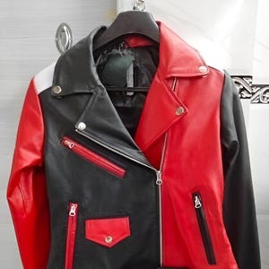 Womens MULTICOLOR  Red , Black , White Motorcycle Leather Jacket | Jacket for Movie Date | COMBINATION Leather Jacket | COLORFUL Jacket |