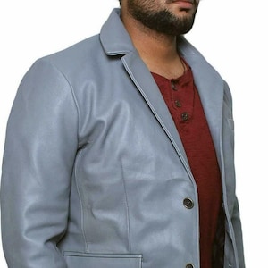 Mens GREY Leather Blazer | Slim Fit Office Wear FORAML Leather Blazer | Real Lambskin Leather Blazer Outfit For Wedding, BLAZER For Men Gray