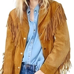 Womens Suede Leather Jacket With Fringe | COWGIRLS Fringe Jacket Leather Fringed Jacket, Ladies Fashion Jacket, Gift For Her- Golden Tan