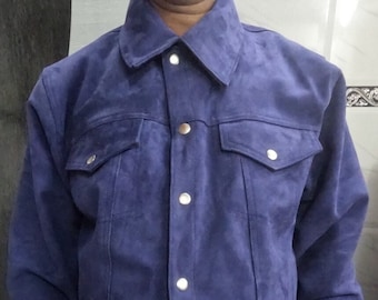 Noorani Mens BLUE Suede Shirt | Suede TRUCKER Jacket For Mens | Denim Style Suede Shirt For Men | COWBOY Suede Leather Shirt |