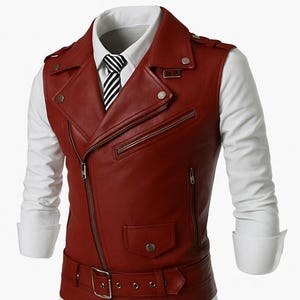 Noorani Men&#39;s BLOOD RED Leather Vest Coat | Men&#39;s Slim Fit Biker Vest Motorcycle Vest Leather Best Christmas Gift | Biker Leather Vest-coat