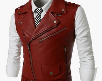 Noorani Men&#39;s BLOOD RED Leather Vest Coat | Men&#39;s Slim Fit Biker Vest Motorcycle Vest Leather Best Christmas Gift | Biker Leather Vest-coat