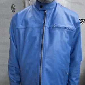 Veste en cuir BLEUE en cuir d'agneau pour homme | Blouson motard en cuir coupe slim fait main pour MOTO, Blouson d'hiver en cuir | Cadeau de Noël pour lui