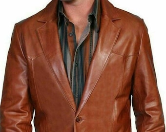 Noorani Mens TAN BROWN Leather Blazer | Lambskin Leather Blazer | Hacking Leather Blazer With Notch Lapel Collar | Men Rust Orange Blazer