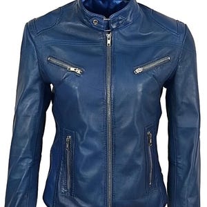 Noorani Womens BLUE Leather Jacket | Genuine Lambskin Leather Biker Jacket | Western Celebrity Party Jacket | Gift For Winter Leather Jacket