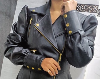 Womens Real Calfskin BLACK Leather Long Coat, Celebrity Leather TRENCH Coat, Stylish FLARE Leather Dress with Puff Sleeves, Gift For Her