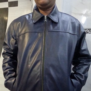 Mens Lambkin Navy BLUE Leather Jacket, Stylish Biker Slim Fit TRUCKER Style Leather Jacket For Men, Celebrity Casual Sheep Leather Jacket