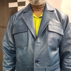 Mens Lambskin BLUE Leather Blazer With Pockets | Slim Fit FORMAL Leather Blazer Fr Meetings | Soft Celebrity Leather Blazer, Husband Gift