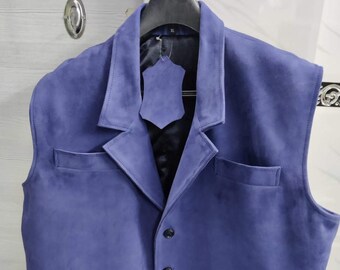 Mens BLUE Suede Waistcoat | TUXEDO Leather Vest Waistcoat | Soft Leather Vest & Waistcoat | Formal Suede Vest Coat | Wedding Waistcoat