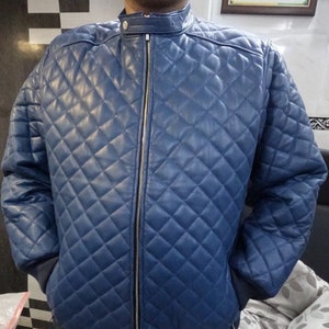 Mens Lambskin BLUE Leather Jacket, Handmade Diamond Quilted BOMBER Biker Leather Jacket For Mens, Celebrity PUFF Leather Jacket Gift for Him