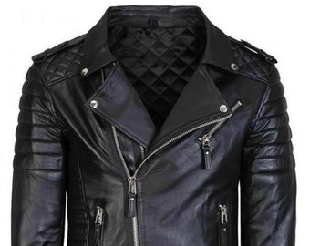 Mens Genuine Lambskin BLACK LEATHER JACKET Slim Fit Quilted