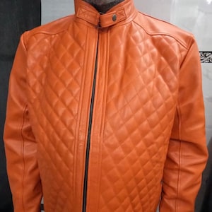 Orange colour leather jacket sales