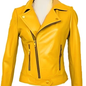 Noorani Lambskin Gelbe Lederjacke für Damen | Designer Lederjacke Gelbe Biker Motorrad Movie Jacke | Bestes Geschenk für sie Cosplay
