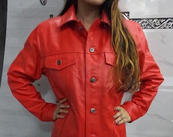 Camisa de cuero SHEEPSKIN para mujer, camisa de cuero ROJO estilo DENIM, camisa de cuero camionero, camisa de uniforme de cuero de policía, camisa de club y fiesta