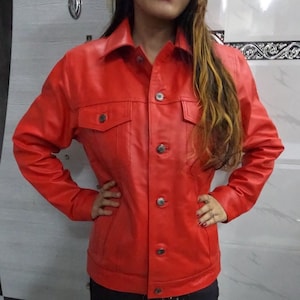 Damen Schaffell Lederhemd, DENIM Style RED Lederhemd, Trucker Lederhemd, Polizei Lederuniform Hemd, Club & Party tragen Hemd