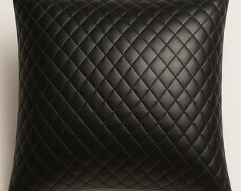 Lambskin Leather Pillow Cover | DIAMOND QUILTED SQUARE Cushion Cover | Living Decor, Home Decor, Housewarming, Throw Cover Leather - Black