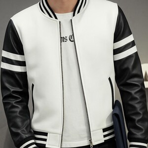Noorani Mens Lambskin BLACK WHITE Leather Jacket | Color Block White Black Leather BOMBER Jacket | Black White Stripped Jacket Biker Style