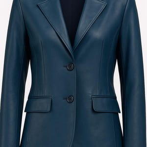 Noorani Womens Lambskin BLUE Leather BLAZER | Stylish Slim Fit FORMAL Leather Blazer | Western Celebrity Blazer With 2 Button Up Closure