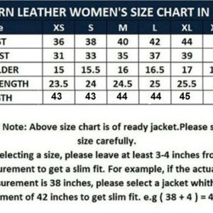May include: A size chart for women's leather jackets in inches. The chart shows measurements for bust, waist, shoulder, sleeve length, and length in sizes XS to XXXL.