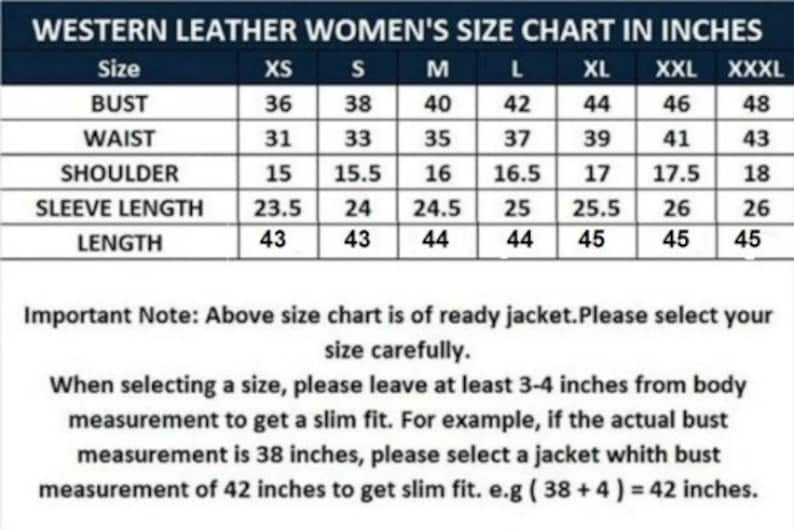 May include: A size chart for women's leather jackets in inches. The chart shows measurements for bust, waist, shoulder, sleeve length, and length in sizes XS to XXXL.