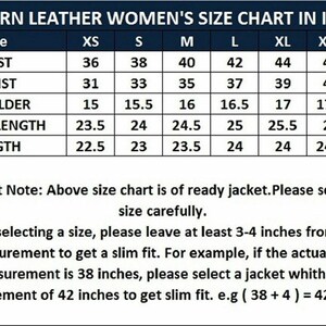 May include: A size chart for women's leather jackets in inches. The chart shows the measurements for bust, waist, shoulder, sleeve length, and length in inches for sizes XS to XXXL.