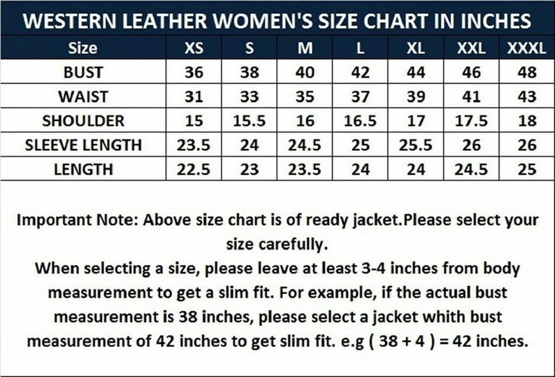 May include: A size chart for women's leather jackets in inches. The chart shows the measurements for bust, waist, shoulder, sleeve length, and length in inches for sizes XS to XXXL.