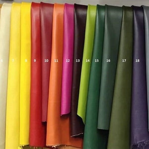 May include: A collection of 24 leather swatches in various colors, including black, brown, tan, yellow, red, orange, pink, green, blue, and white. The swatches are numbered 1 through 24.