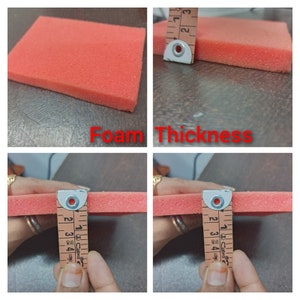 May include: Close-up image of a red foam sheet being measured with a ruler. The ruler shows the foam is 1 inch thick. "Foam Thickness" is written in red letters below the image.
