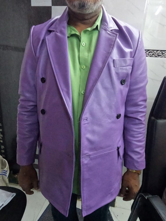 Noorani Mens Leather Blazer, FORMAL Blazer, MEETING Blazer, Wedding Party Wear Leather Blazer, Notch Lapel Prom Leather Blazer - LAVENDER