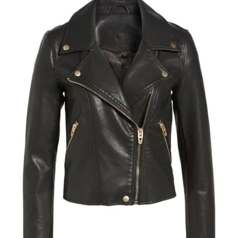 May include: A black leather motorcycle jacket with a zipper closure and gold-toned hardware.